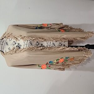 IVY JANE EMBROIDERED FRINGE KIMONO 100% RAYON SIZE S.